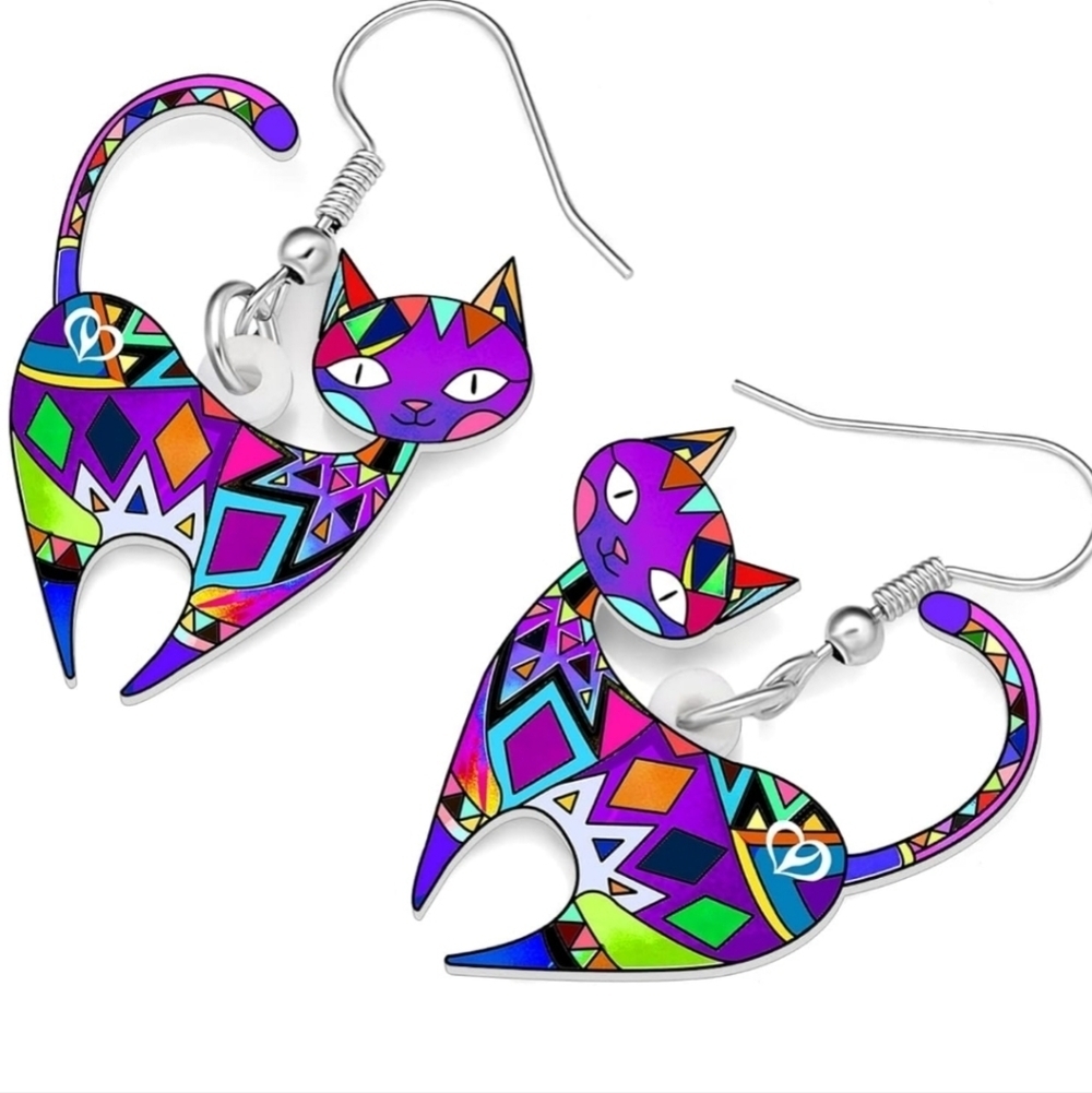 Women's jewelry unique multi-colored designed cat dangle earrings!